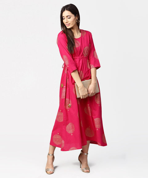 Red 3/4th sleeve cotton maxi dress with elastic at west & latkan