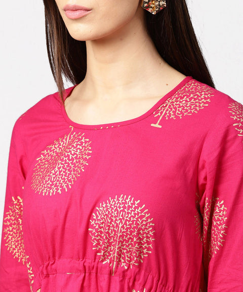 Red 3/4th sleeve cotton maxi dress with elastic at west & latkan