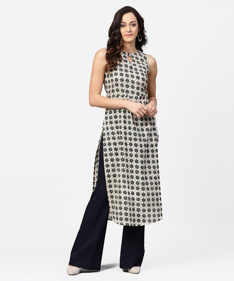 Off white printed sleeveless long kurta