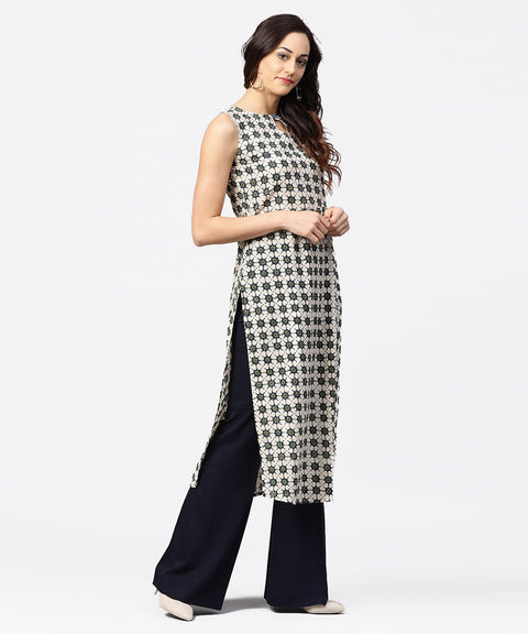 Off white printed sleeveless long kurta