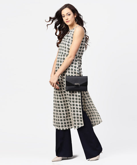 Off white printed sleeveless long kurta