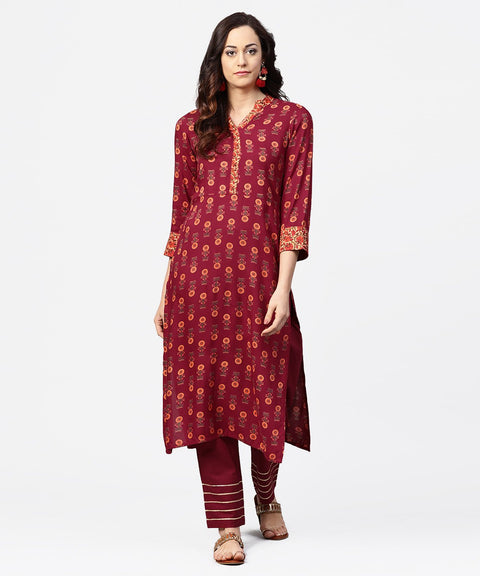 Maroon printed 3/4th sleeve cotton straight kurta