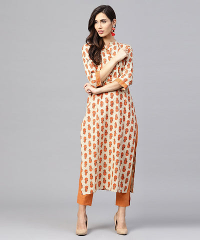 Off white printed 3/4th sleeve cotton straight kurta