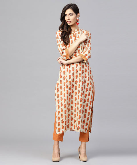 Off white printed 3/4th sleeve cotton straight kurta