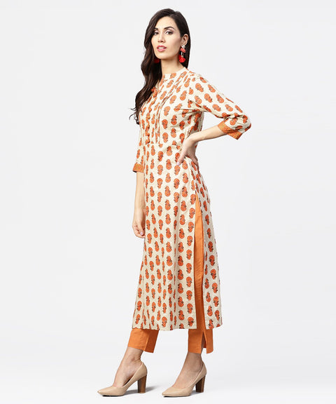 Off white printed 3/4th sleeve cotton straight kurta