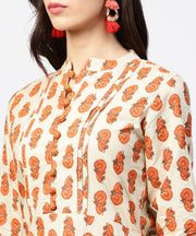 Off white printed 3/4th sleeve cotton straight kurta