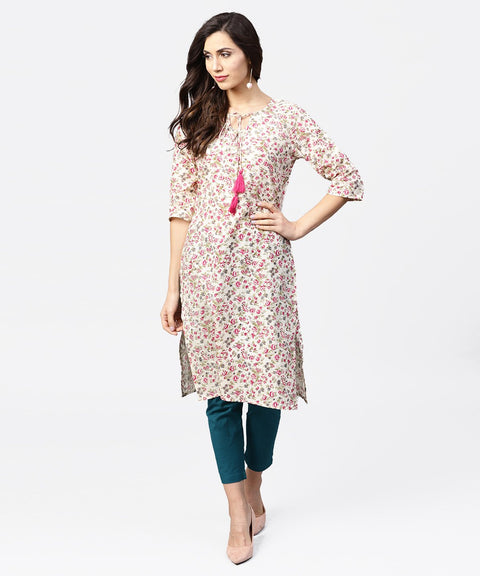 Peach printed 3/4th sleeve cotton kurta with dori work at yoke