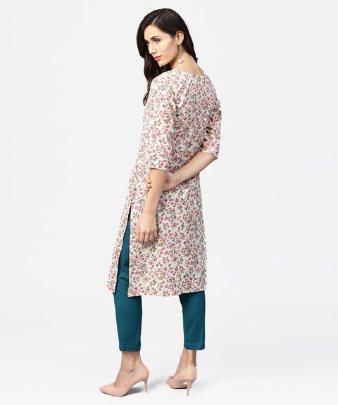 Peach printed 3/4th sleeve cotton kurta with dori work at yoke