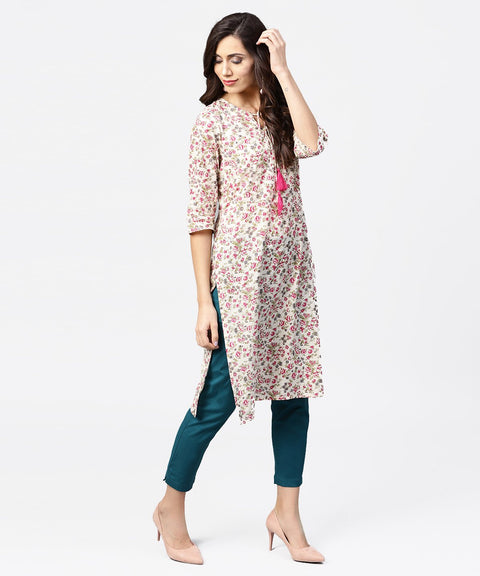 Peach printed 3/4th sleeve cotton kurta with dori work at yoke