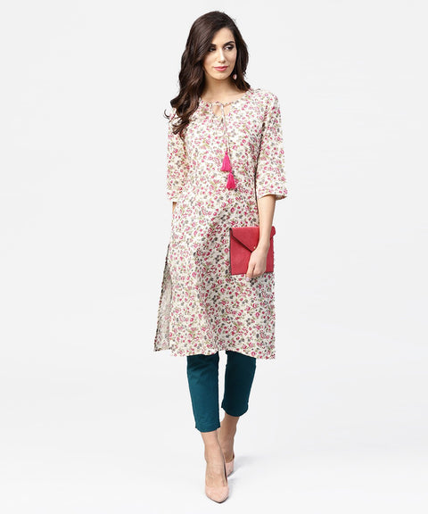 Peach printed 3/4th sleeve cotton kurta with dori work at yoke