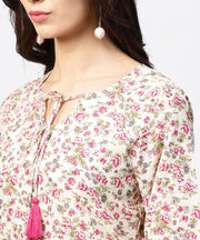 Peach printed 3/4th sleeve cotton kurta with dori work at yoke