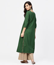 Solid green 3/4th sleeve side gathering cotton kurta with printed pallazo