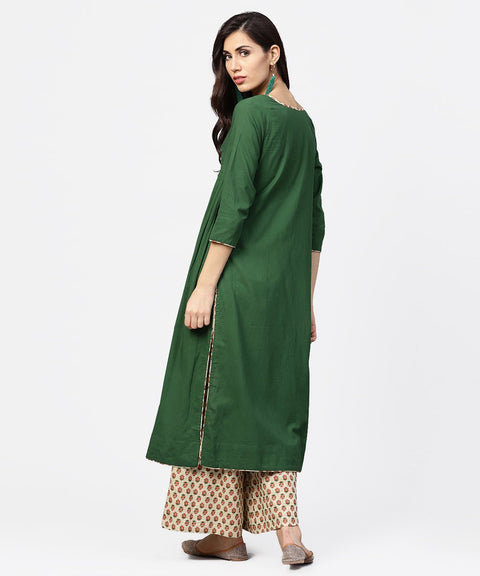 Solid green 3/4th sleeve side gathering cotton kurta with printed pallazo