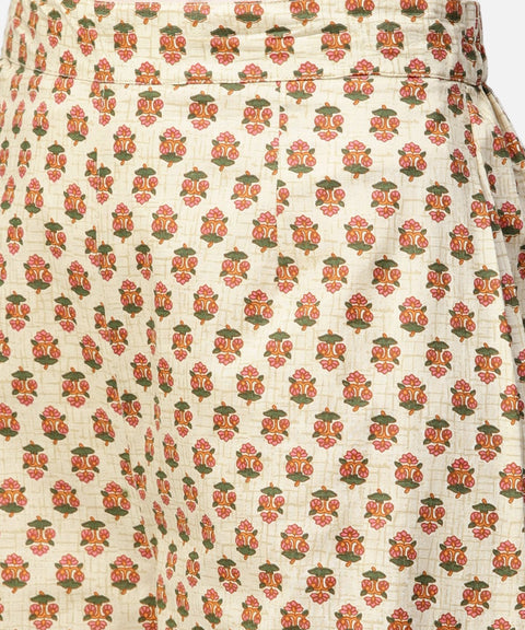 Solid green 3/4th sleeve side gathering cotton kurta with printed pallazo