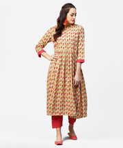 Yellow 3/4th sleeve printed cotton anarkali kurta with pink pant