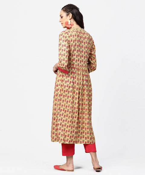 Yellow 3/4th sleeve printed cotton anarkali kurta with pink pant