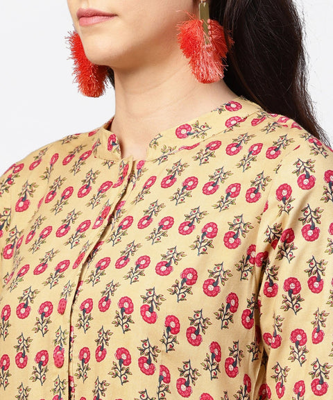 Yellow 3/4th sleeve printed cotton anarkali kurta with pink pant