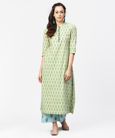 Green printed 3/4th sleeve A-line cotton kurta with blue printed pallzo