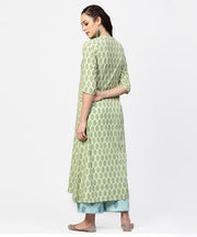 Green printed 3/4th sleeve A-line cotton kurta with blue printed pallzo