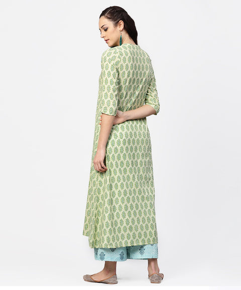 Green printed 3/4th sleeve A-line cotton kurta with blue printed pallzo