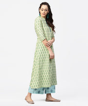 Green printed 3/4th sleeve A-line cotton kurta with blue printed pallzo