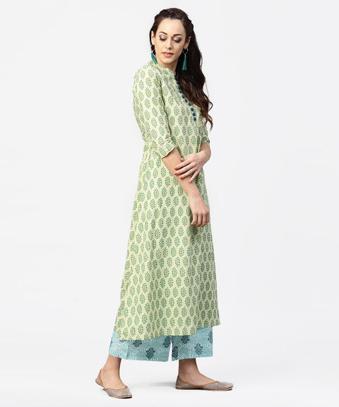 Green printed 3/4th sleeve A-line cotton kurta with blue printed pallzo