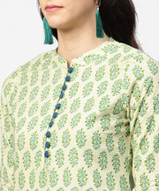 Green printed 3/4th sleeve A-line cotton kurta with blue printed pallzo