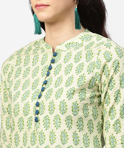 Green printed 3/4th sleeve A-line cotton kurta with blue printed pallzo