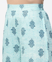 Green printed 3/4th sleeve A-line cotton kurta with blue printed pallzo