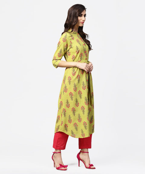 Light green printed 3/4th sleeve cotton assymetric kurta with pink pallazo