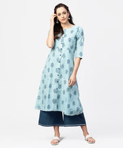 Light blue printed 3/4th sleeve cotton A-line front slit kurta with navy blue pallazo