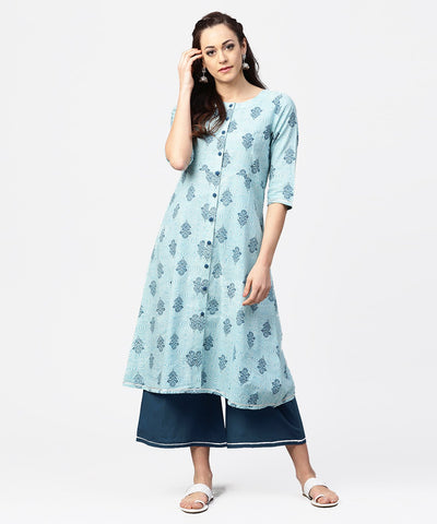 Light blue printed 3/4th sleeve cotton A-line front slit kurta with navy blue pallazo