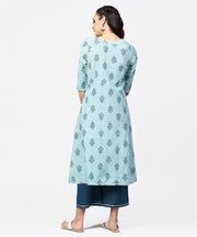 Light blue printed 3/4th sleeve cotton A-line front slit kurta with navy blue pallazo