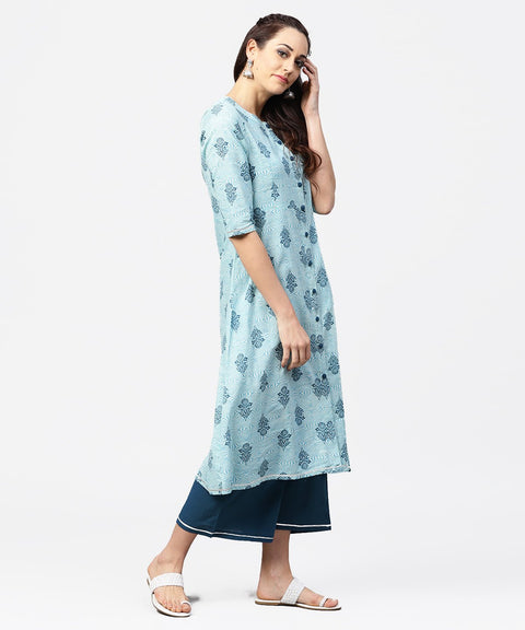 Light blue printed 3/4th sleeve cotton A-line front slit kurta with navy blue pallazo