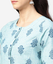 Light blue printed 3/4th sleeve cotton A-line front slit kurta with navy blue pallazo