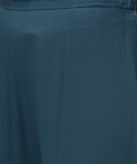 Light blue printed 3/4th sleeve cotton A-line front slit kurta with navy blue pallazo