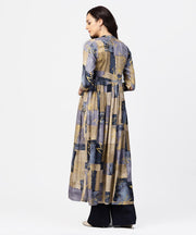 Blue & beige printed 3/4th sleeve cotton Anarkali kurta with pleat work in yoke