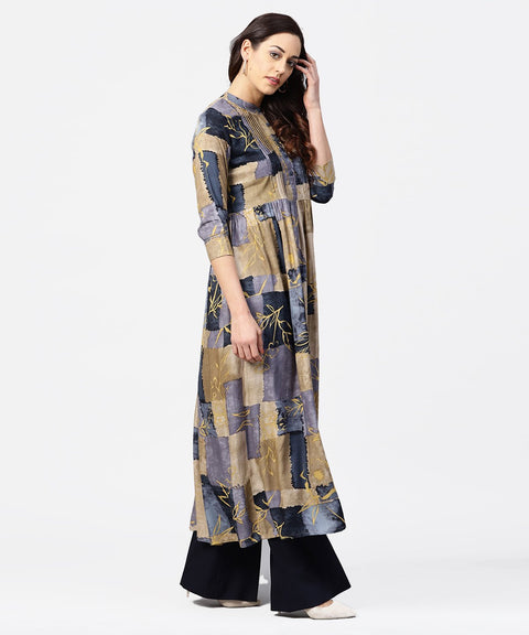 Blue & beige printed 3/4th sleeve cotton Anarkali kurta with pleat work in yoke