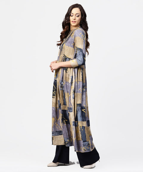 Blue & beige printed 3/4th sleeve cotton Anarkali kurta with pleat work in yoke