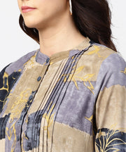 Blue & beige printed 3/4th sleeve cotton Anarkali kurta with pleat work in yoke