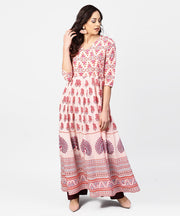 Baby pink printed 3/4th sleeve cotton floor length kurta
