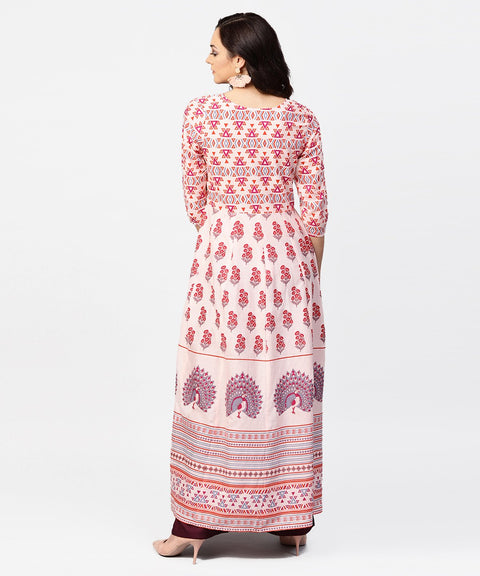 Baby pink printed 3/4th sleeve cotton floor length kurta