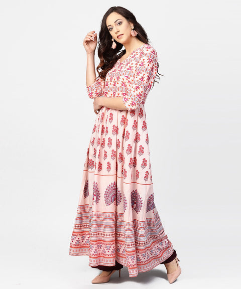 Baby pink printed 3/4th sleeve cotton floor length kurta