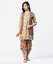Brown printed 3/4th sleeve cotton kurta with ankle length dhoti & grey printed open jacket