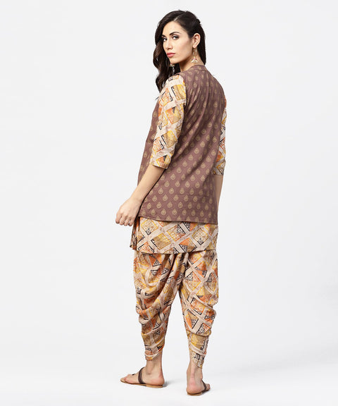 Brown printed 3/4th sleeve cotton kurta with ankle length dhoti & grey printed open jacket