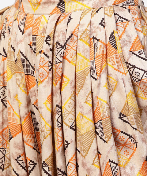 Brown printed 3/4th sleeve cotton kurta with ankle length dhoti & grey printed open jacket