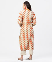 Off white & red printed 3/4th sleeve cotton pleated a-line kurta with beige pallazo
