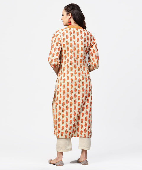 Off white & red printed 3/4th sleeve cotton pleated a-line kurta with beige pallazo