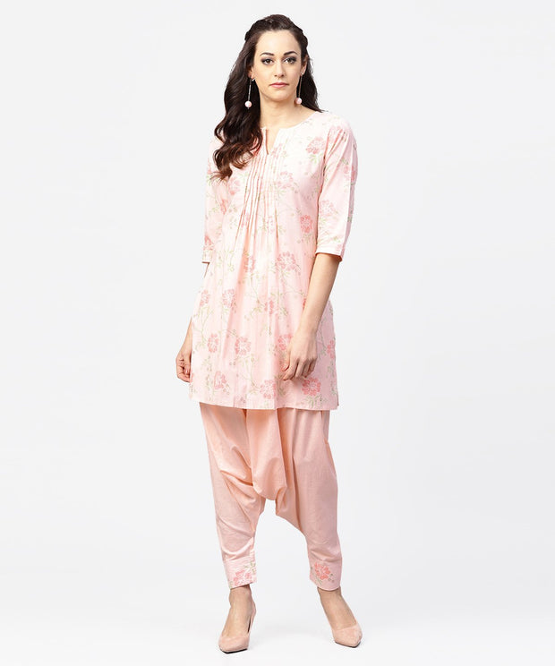 Peach printed 3/4th sleeve pleated kurti with ankle length block printed salwar