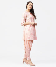 Peach printed 3/4th sleeve pleated kurti with ankle length block printed salwar